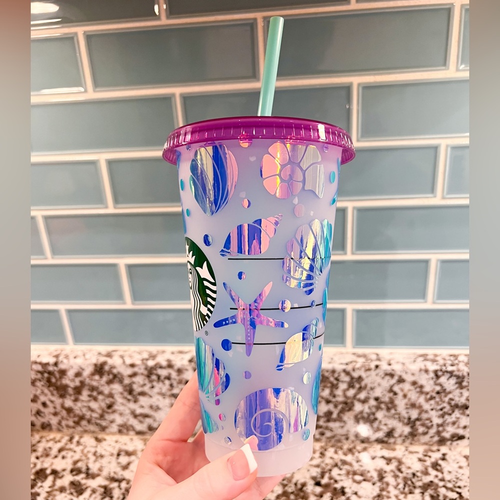 Starbucks Color changing Speckled cold cup w lid & straw NEW shell beach design - Picture 3 of 5